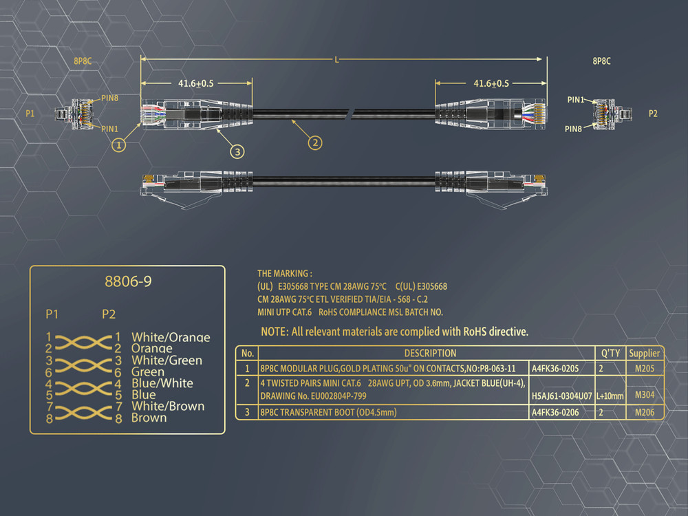 15ft Slim Cat6 28AWG UTP Ethernet Network Patch Cable Snagless, Black