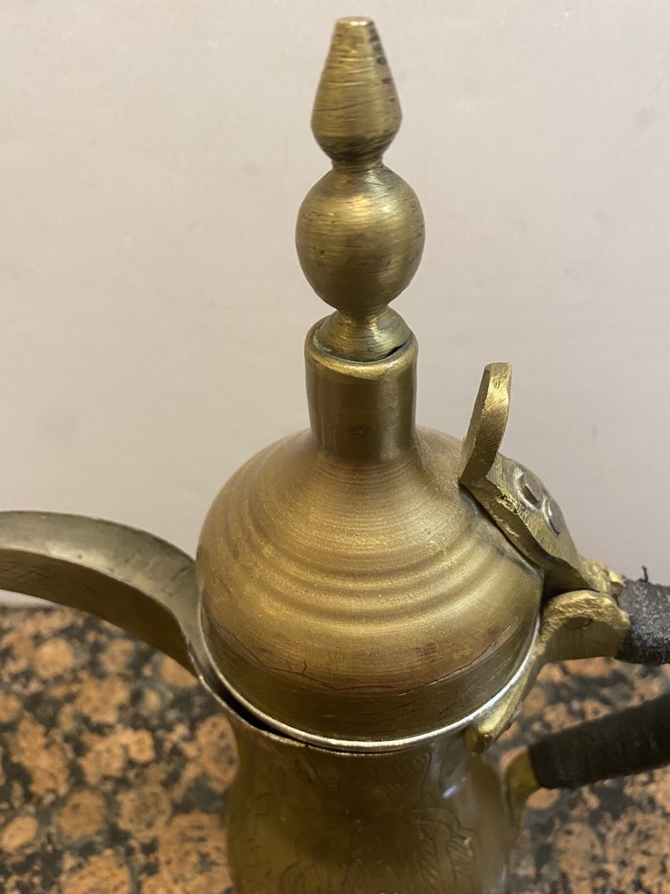 Islamic Antique Brass Dallah Middle Eastern Arabic Coffee Pot 10" Signed