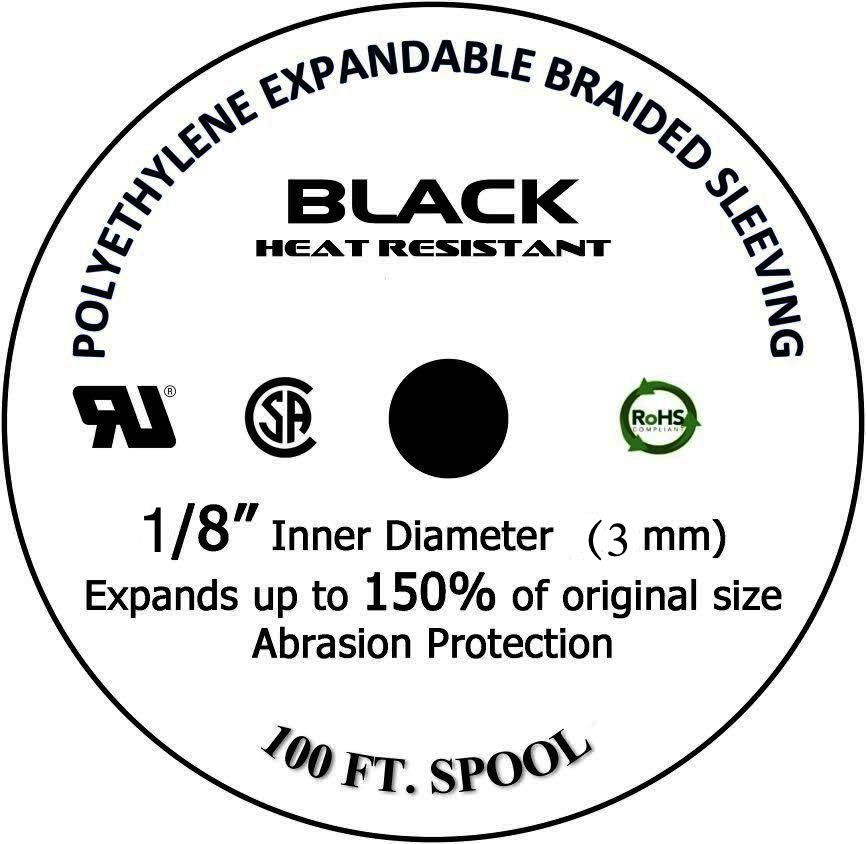 100 FT 1/8" Black Expandable Wire Cable Sleeving Sheathing Braided Loom Tubing