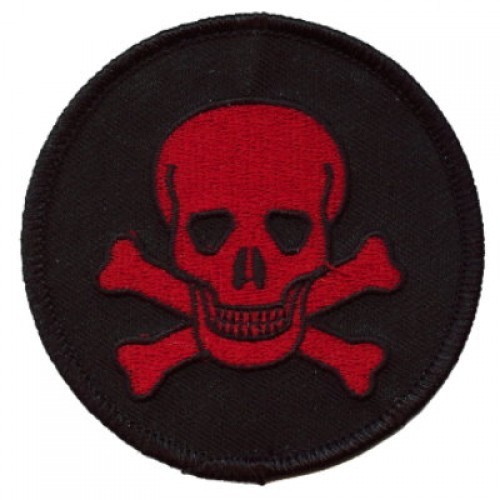 SKULL WITH CROSS BONES PATCH RED ON BLACK