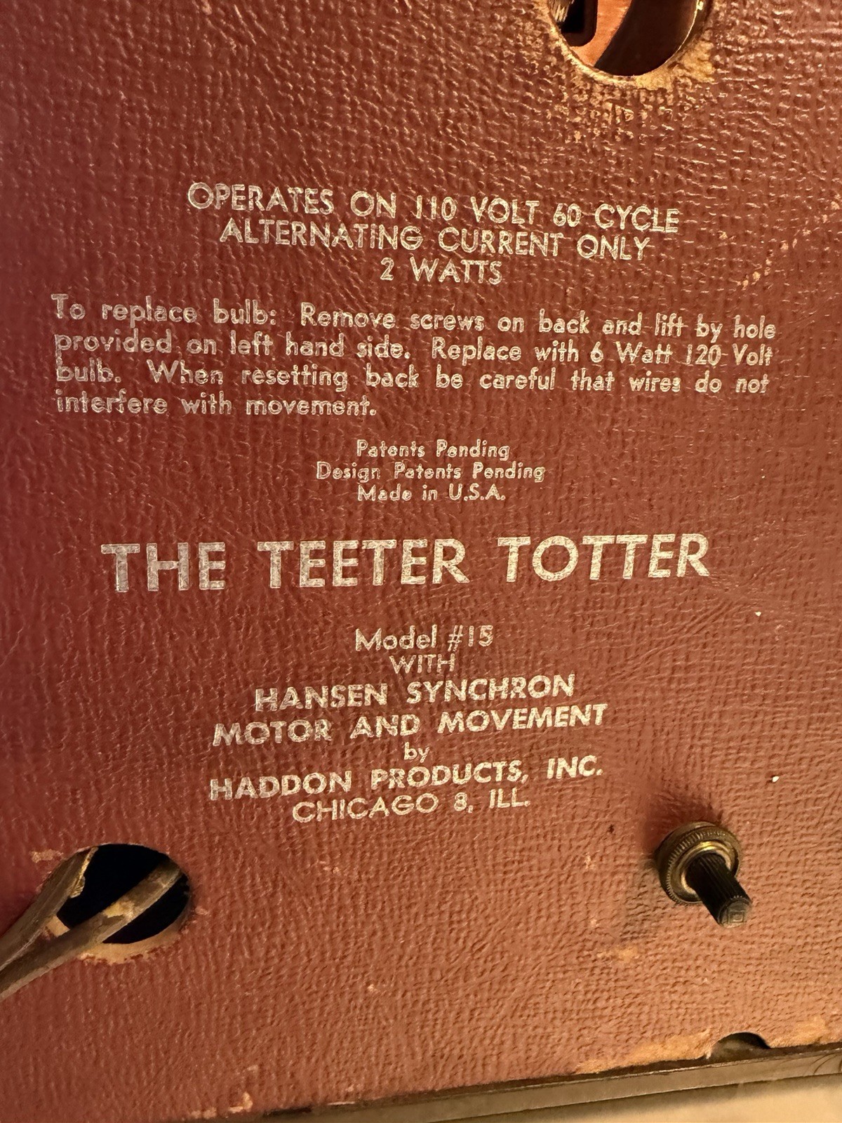 Vintage Haddon Model 15 "The Teeter Totter" Animated Motion Lighted Clock Works