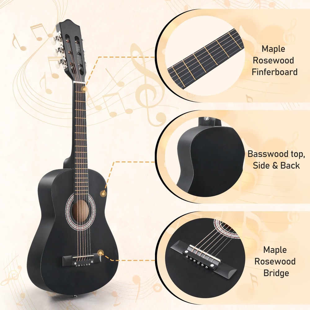 30-Inch Beginner Kid Gift Acoustic Guitar Package - Starter Bundle Kit Black