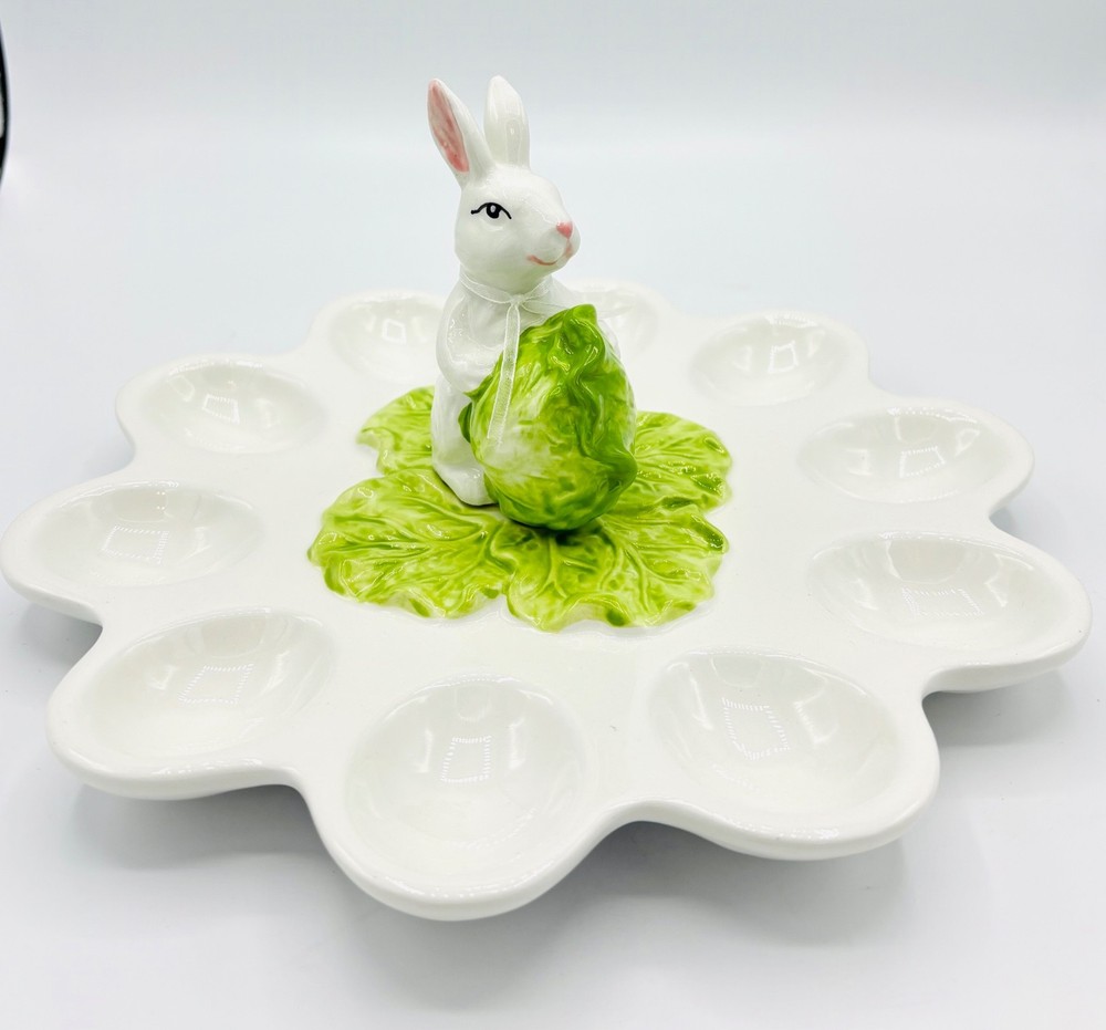 Corner Ruby Spring Easter Bunny Cabbage Ceramic Deviled Egg Serving Platter