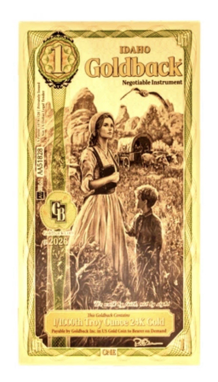 1 IDAHO ALPHA GOLDBACK AURUM 24K GOLD NOTE 1/1000 OZ .999 GOLD BU PRE SALE 🔥