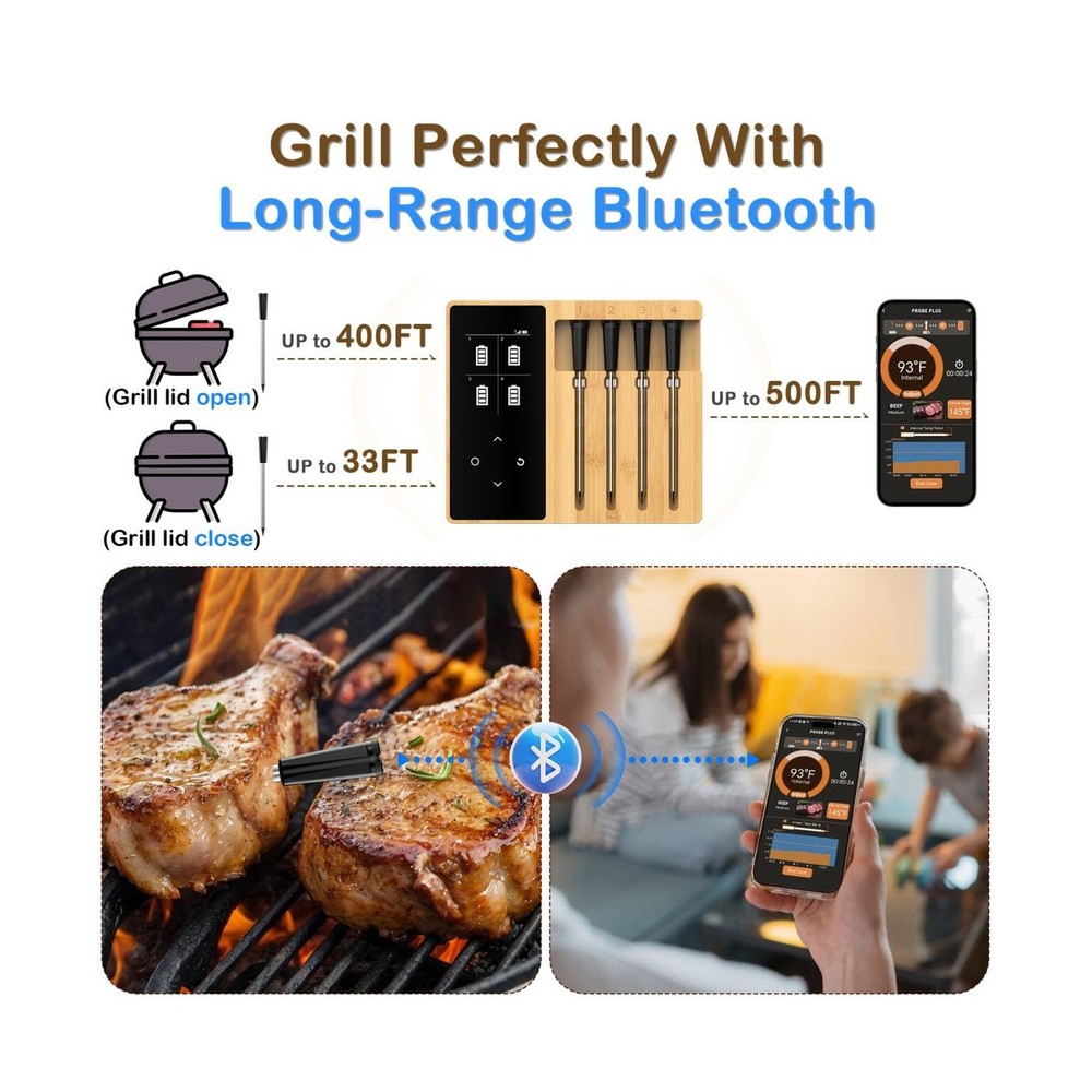 Accurate Smart Wireless Meat Thermometer - 4 Probes, Long Range Bluetooth, Re...
