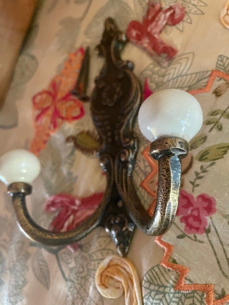 Old Bath Robe Coat Hook Hall Mirror Fancy Decorated Solid Brass Porcelain Knobs