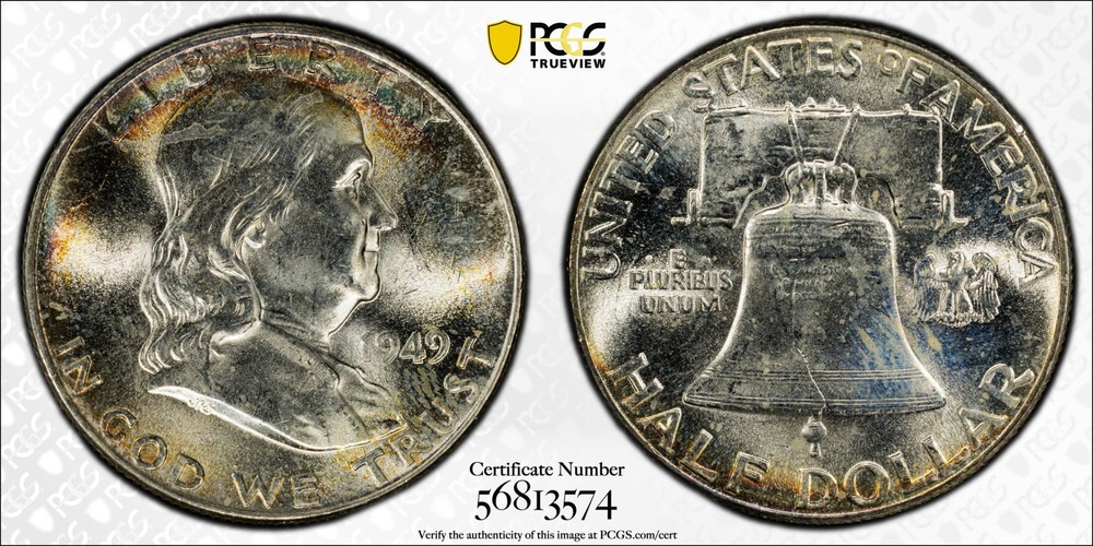 1949 Franklin Half Dollar PCGS MS64FBL Toned