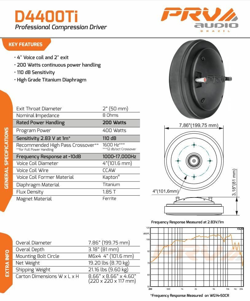 1x PRV Audio D4400Ti 2" Exit Titanium Compression Driver 8 Ohms 400 Watts