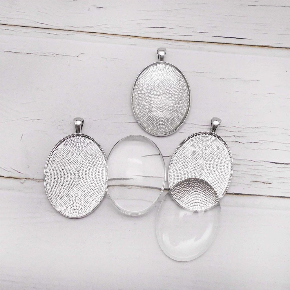 Julie Wang 10 Sets Silver Assorted Oval Setting Bezel Tray Pendant Blanks Wit...