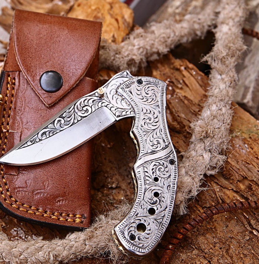 Custom Handmade D2 Steel Engraved Folding knife