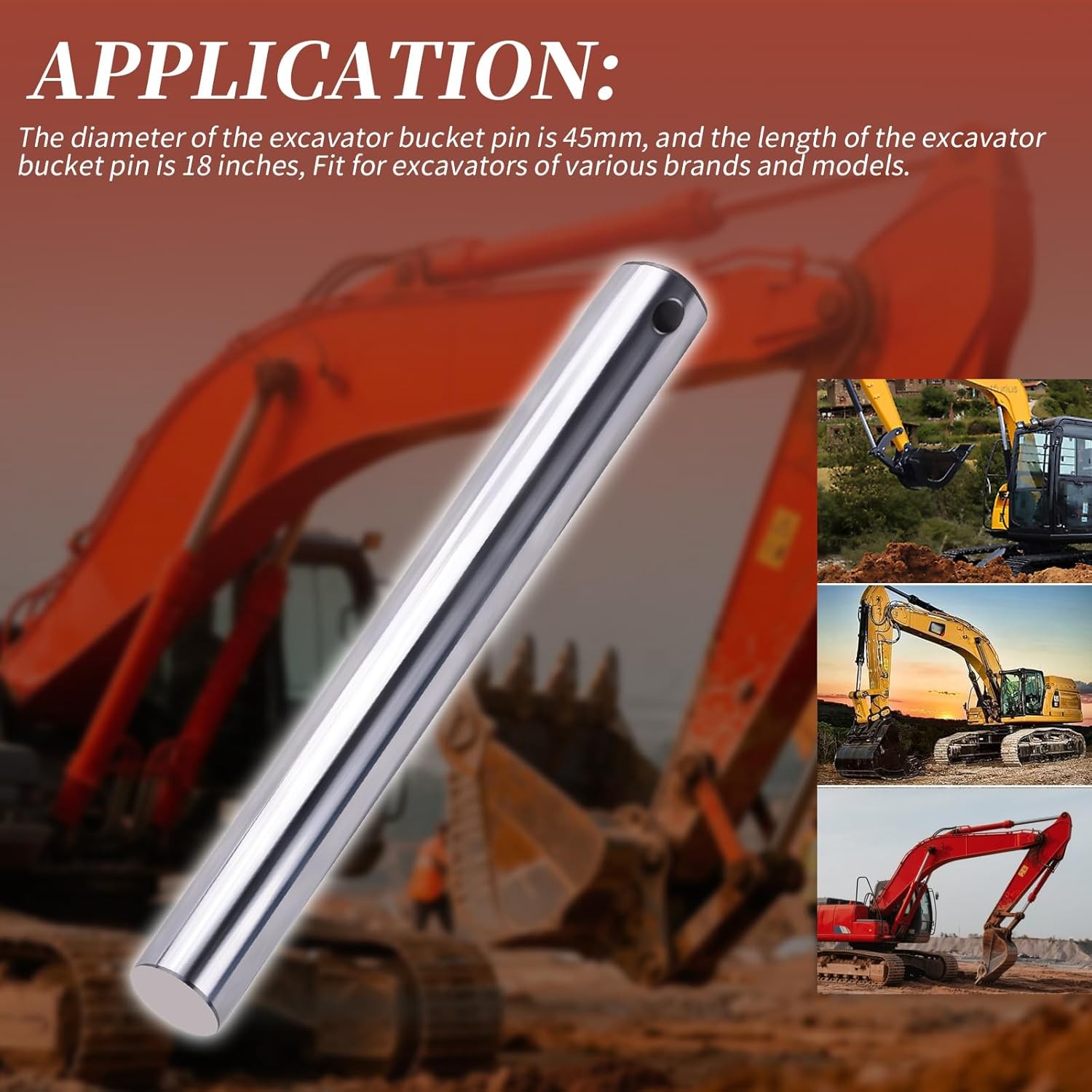 Excavator Bucket Pin 18" Fits Case, CAT, Caterpillar 45mm x 18" 1/2 Bolt Hole