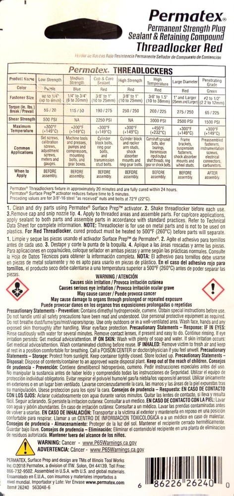 Permatex Red Threadlocker- Permanent Strength- 36ml Bottle (26240)