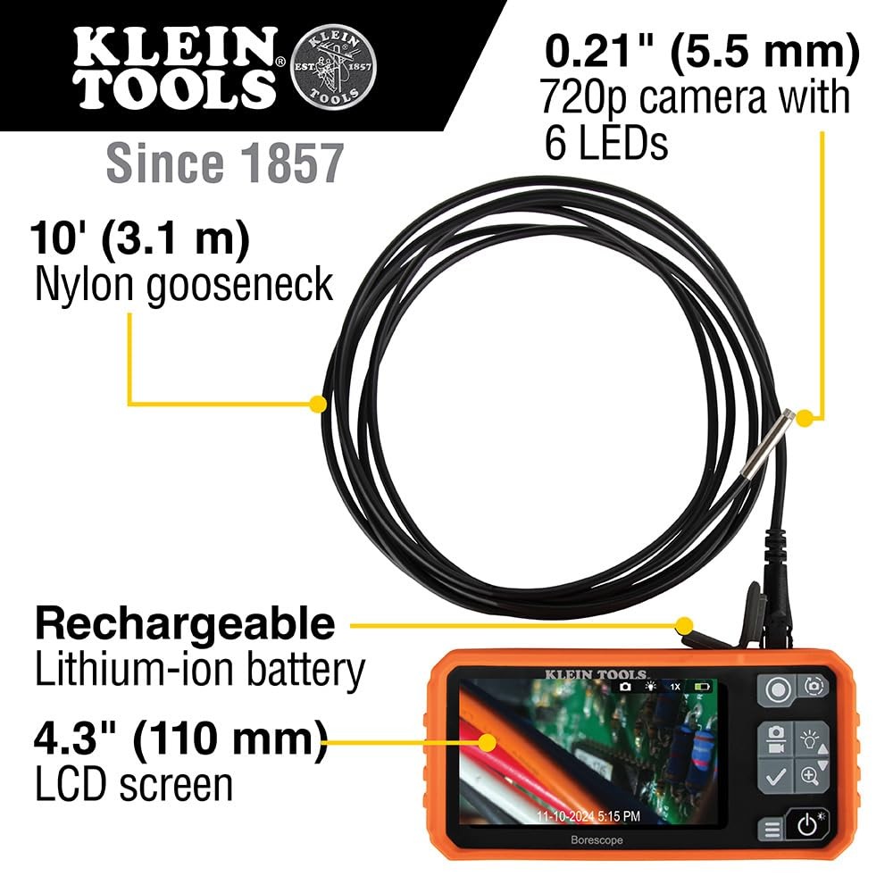 Klein Tools Borescope High Resolution 4.3 Inch Lcd Waterproof Inspection Camera
