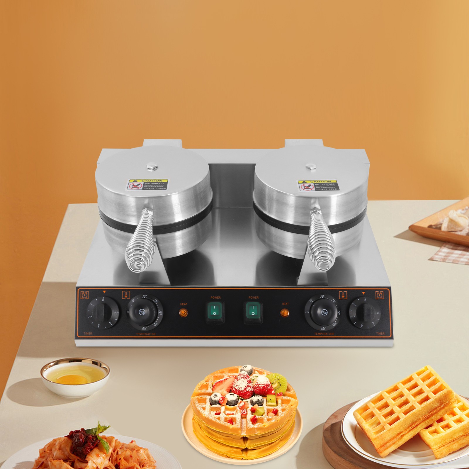Dual Heating Plates Waffle Maker 2.4kW Adjustable Temp/Time Non-Stick Mold