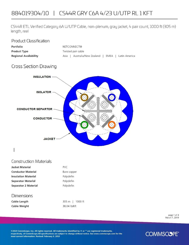 Commscope CS44R Cat6A U/UTP Network Ethernet 10G 10Gig Cable Riser Gray /100ft