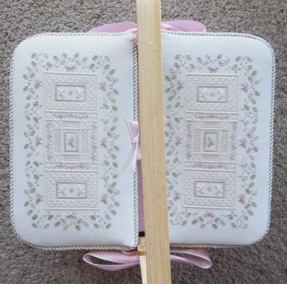 Large WICKER BASKET w/Cross Stitched 2-Sided Lid Plus Handle