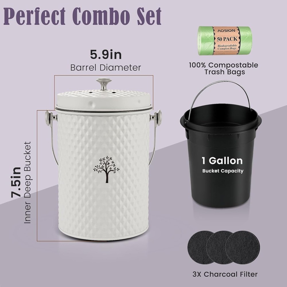 Elegant Odorless Countertop Compost Bin - 1 Gallon Eco-Friendly Kitchen Solution