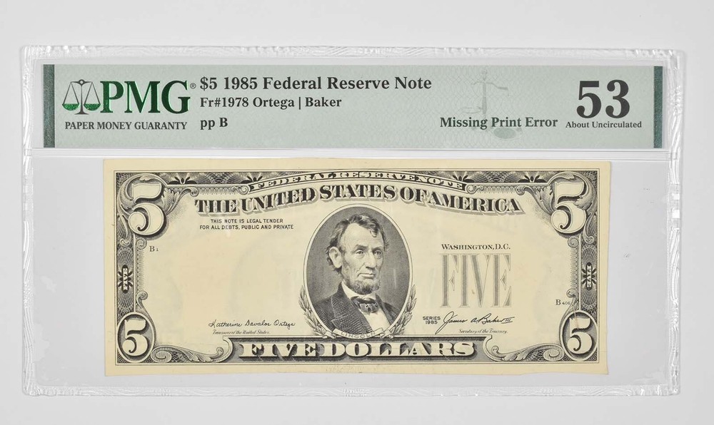 $5 1985 FRN - PMG - 53 About UNC Fr# 1978 - Missing Print Error *0907
