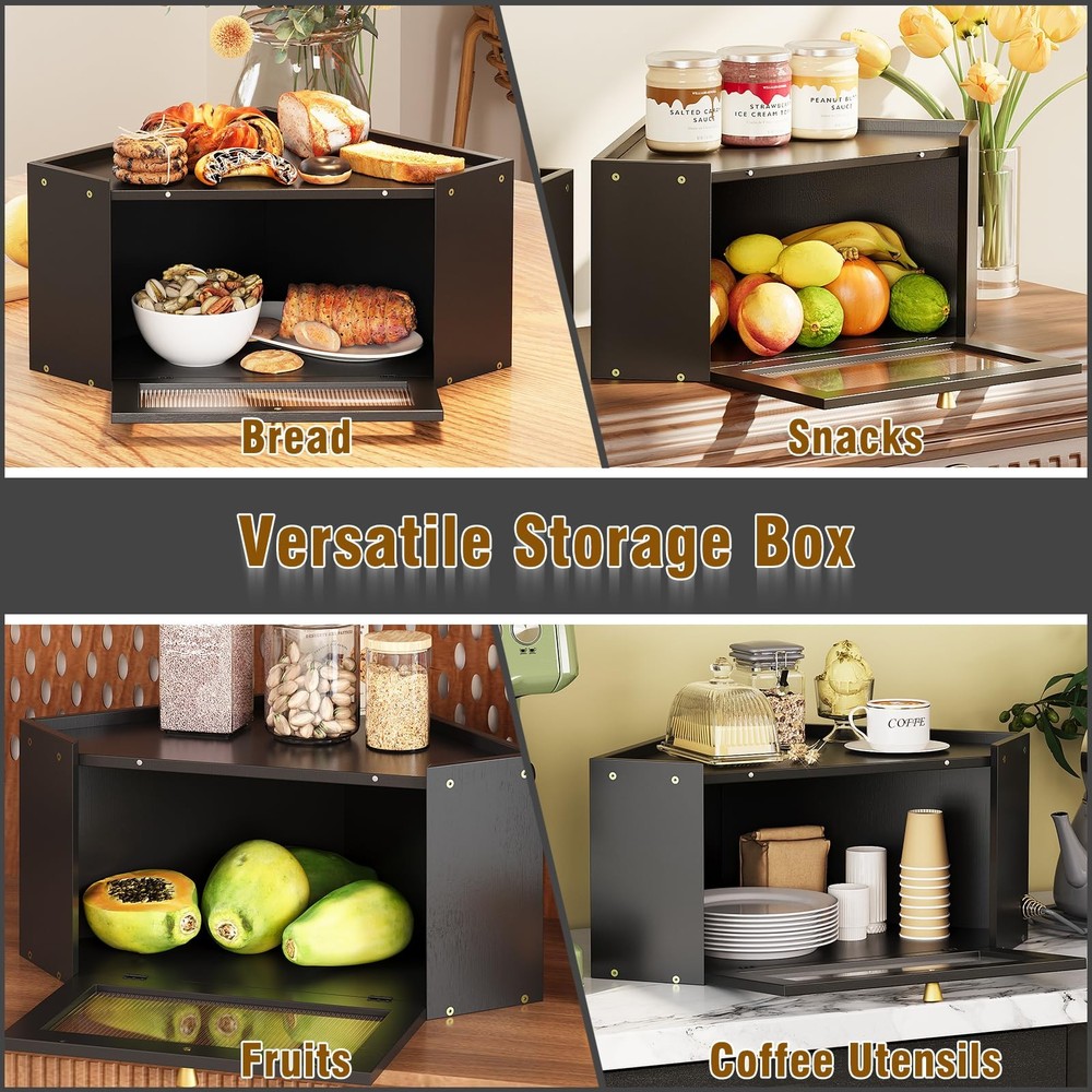 Trironsun Corner Bamboo Bread Box for Kitchen Counter Large Capacity Black