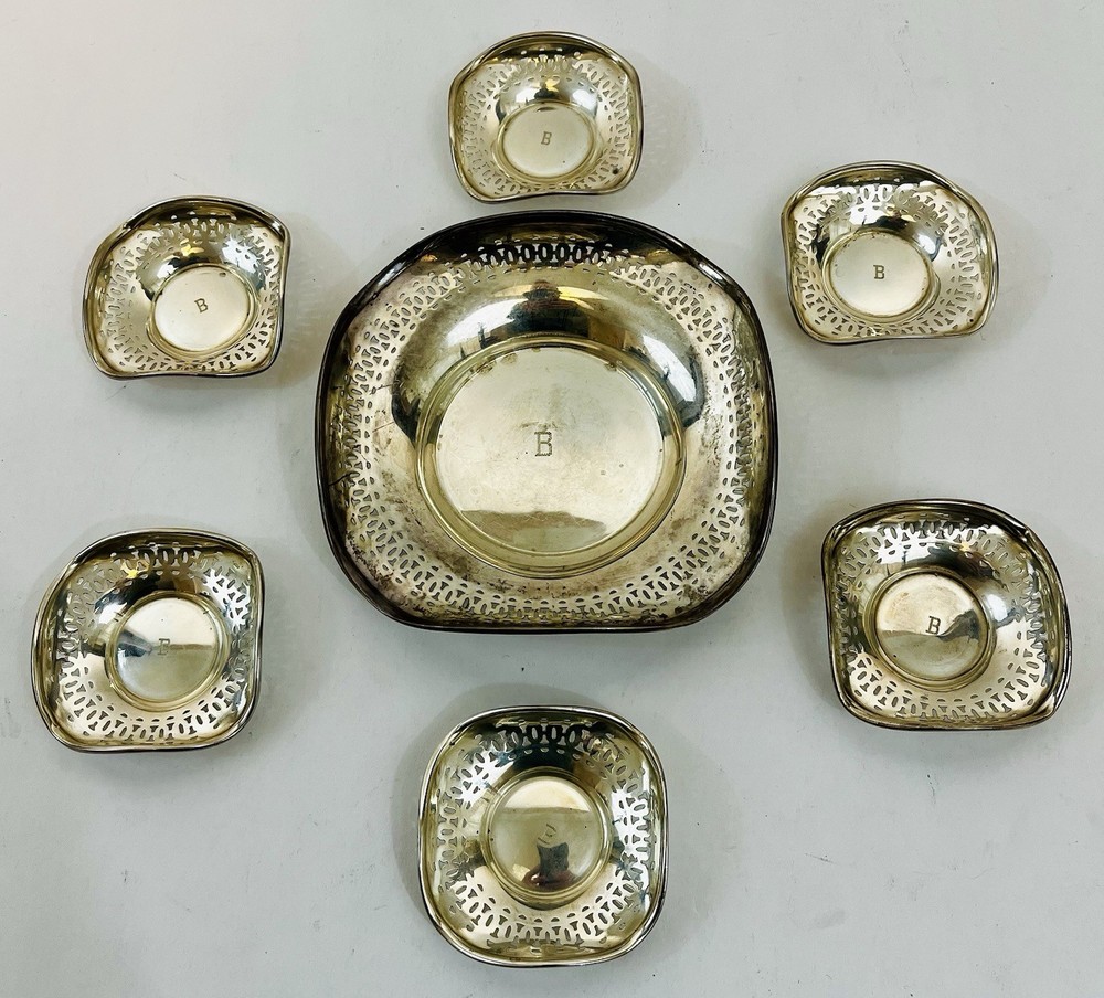 Solid Sterling Silver PIERCED BONBON NUT CONDIMENT SET 7 PCS 157g MONOGRAM “B”