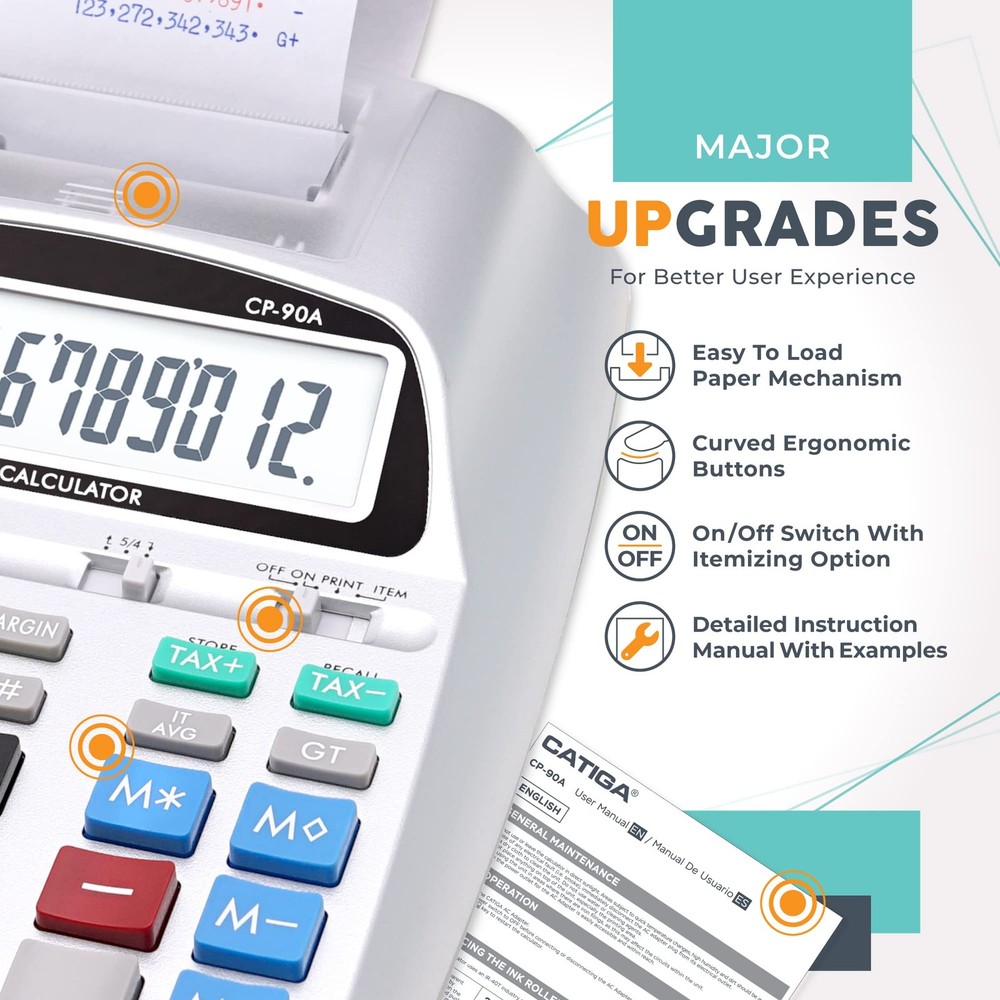 Silver Pro Adding Machine with Printer Clear Display Dual Power Sources