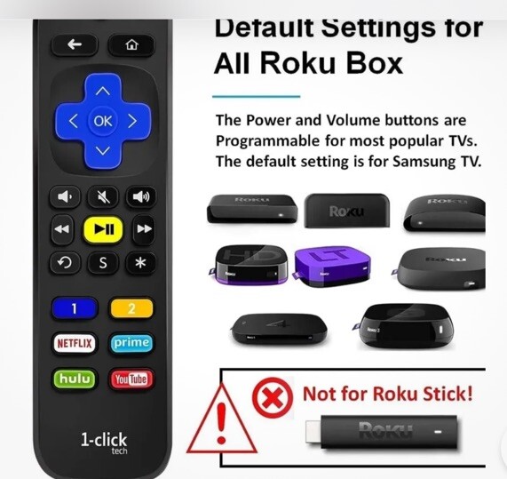 1-Click Tech Replacement Remote Control (RT-U07H) for Roku TV, Express, Ultra