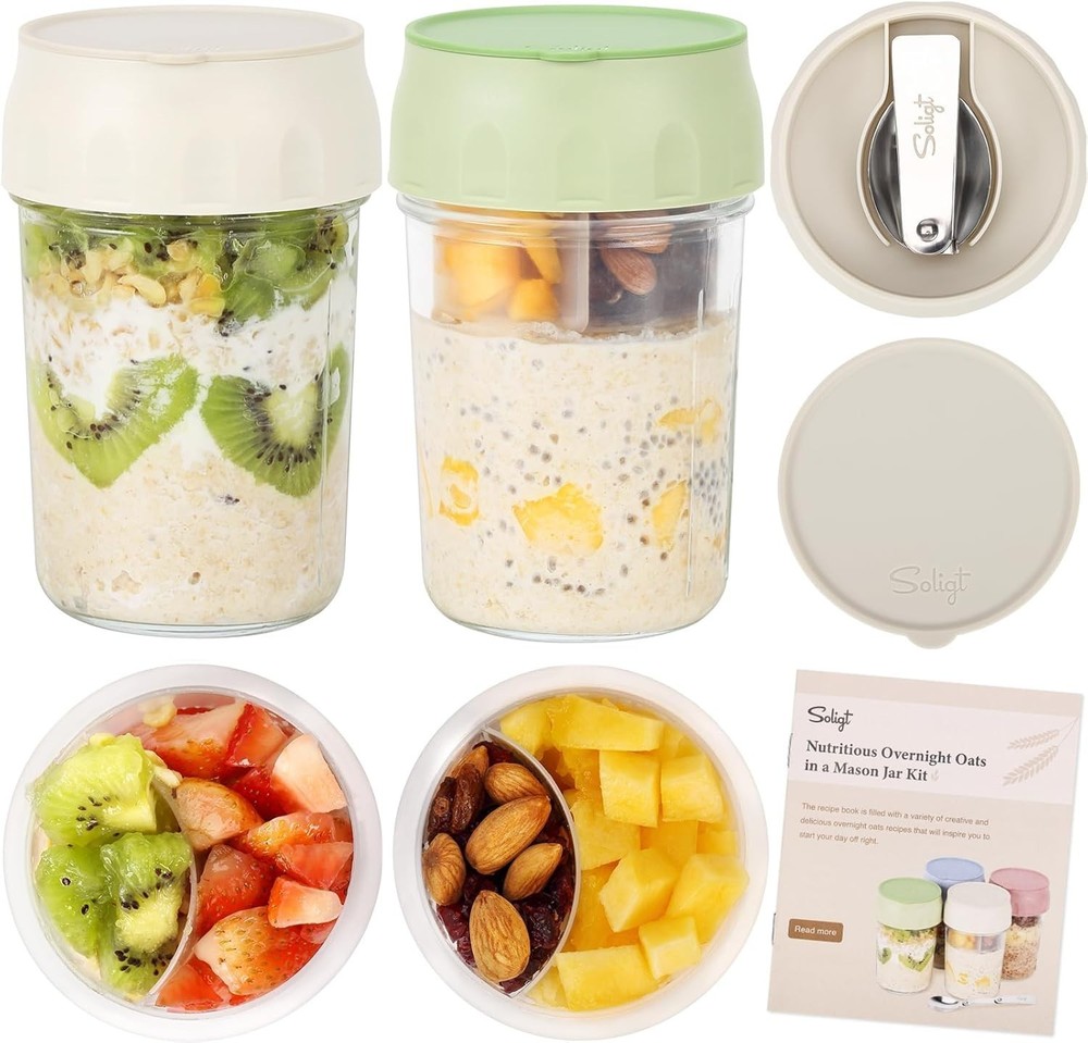 2 Pack Overnight Oats Containers W/ Lids Folding Spoons & Divided Compartments