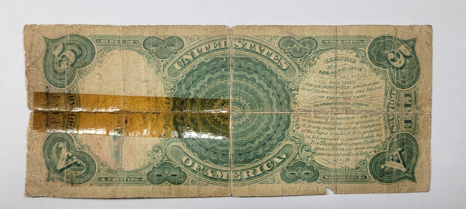 1907 $5 WOODCHOPPER Large Size Circulated Five Dollars Reverse Tape *M865