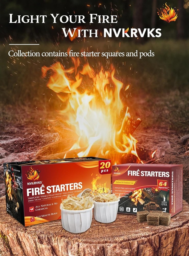 Natural & Safe 64 Mini Fire Starter Cubes for Campfires & BBQs - Easy Ignition