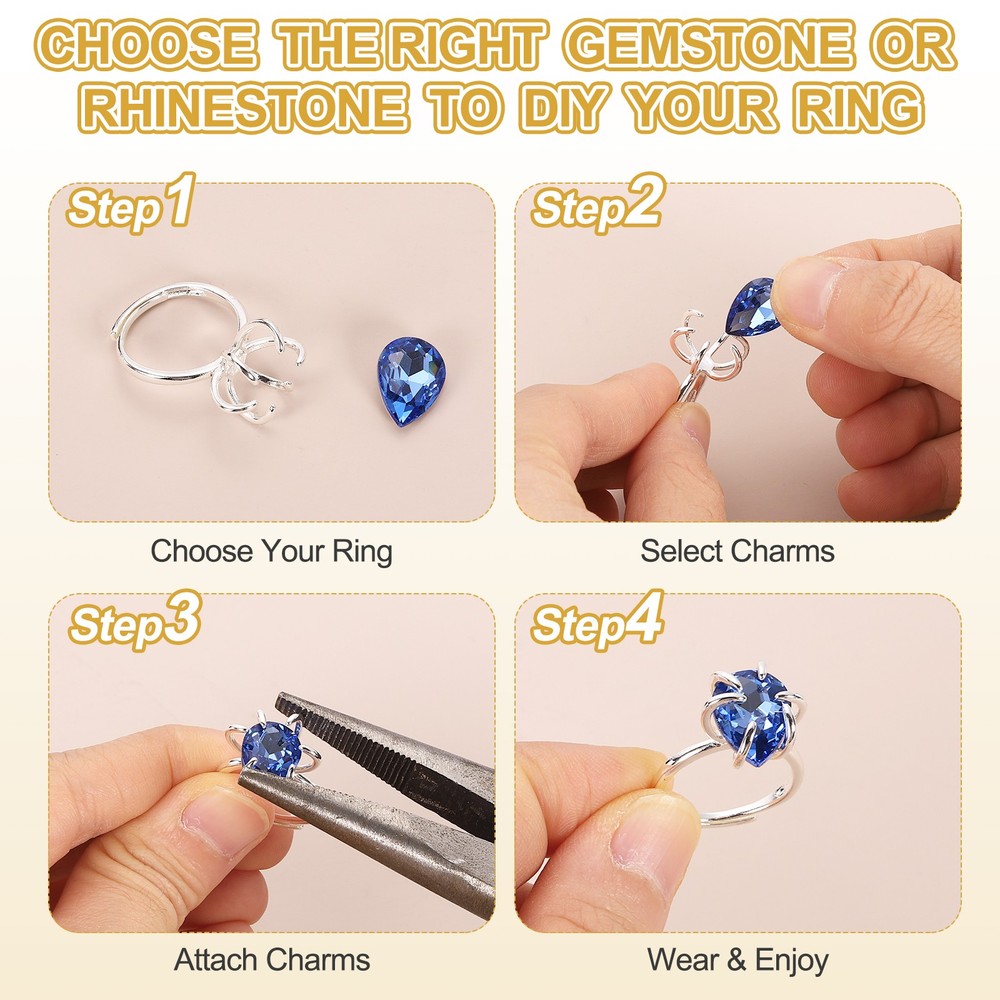 4Pcs Adjustable Prong Ring Settings for DIY Jewelry Making, Silver White