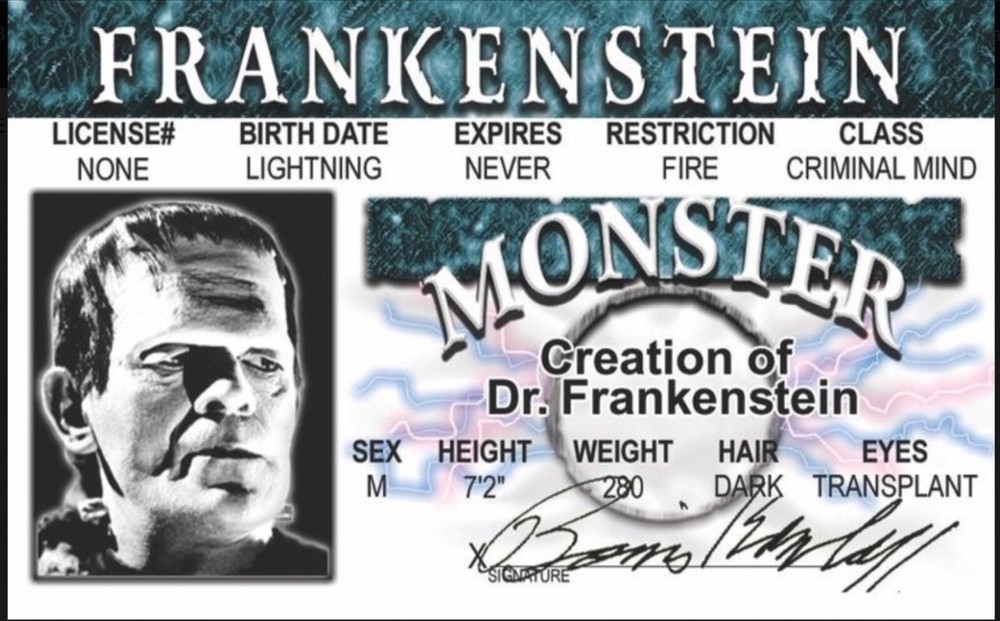 Frankenstein Drivers License 3.4” X 2.2” Laminated ID Card.