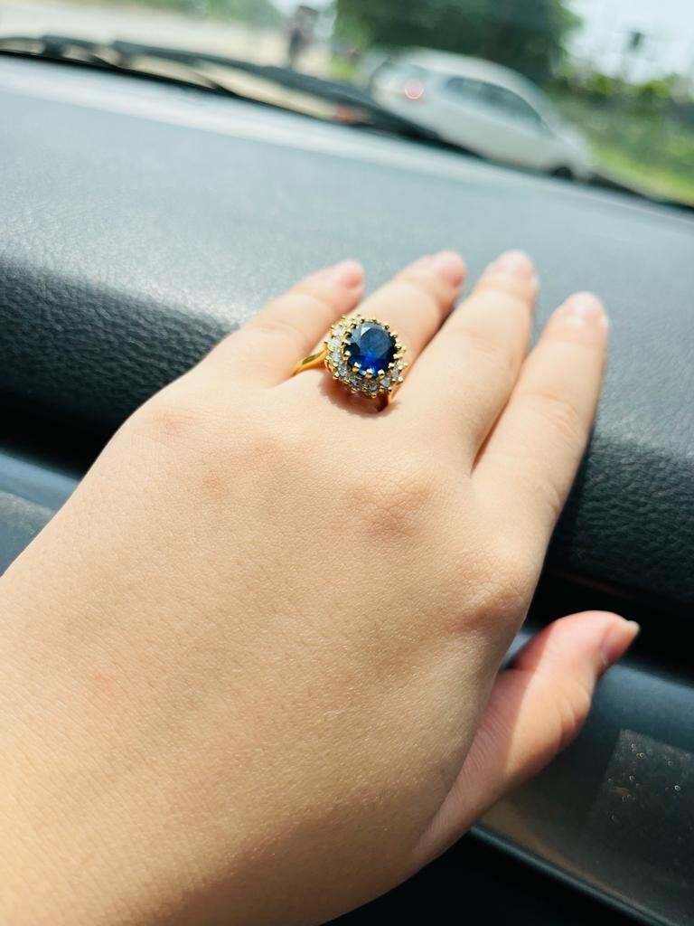 5.50 Ct Real Oval Sapphire & Diamond Diana Princess Ring 14K Solid Yellow Gold 7