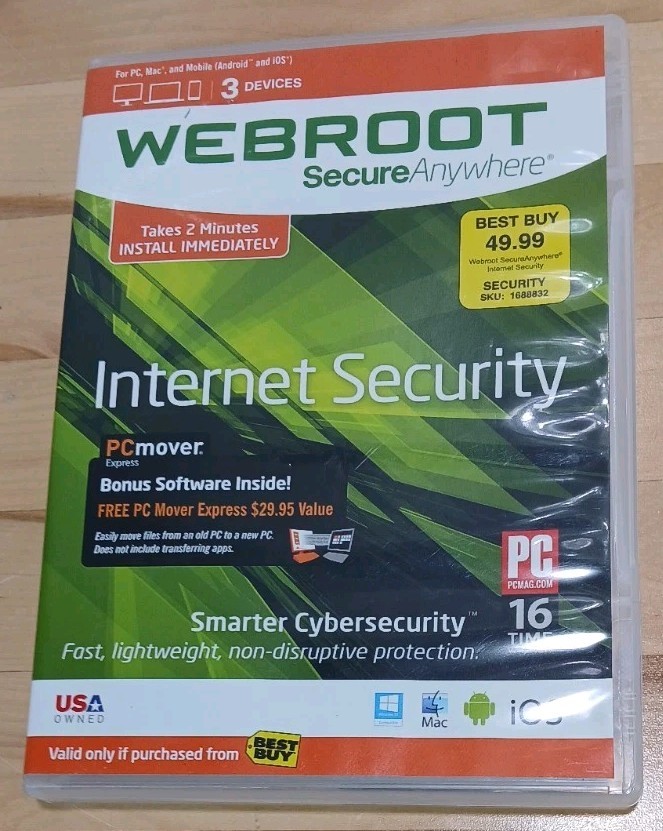 Webroot Secure Anywhere Internet Security w Antivirus PC Mac Mobile 3 Device