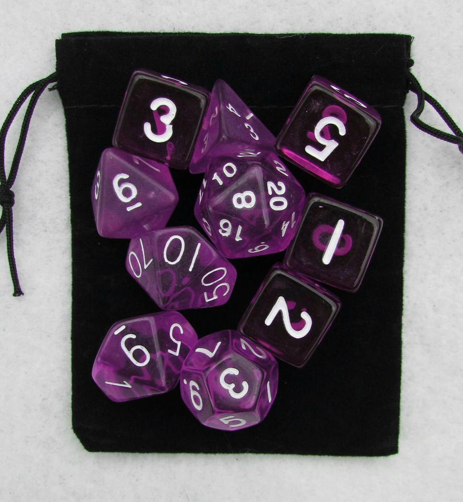 Translucent Purple RPG Dice Set: 7 + 3d6 = 10 die plus bag!