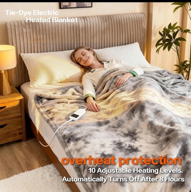 Electric Heated Blanket Tie-Dye Gray Flannel Adjustable Temp Machine Washable