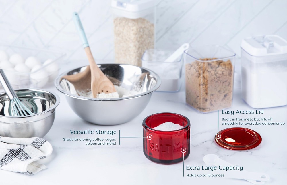 KooK Glass Salt Cellar, with Lid, Embossed Pressed 3.5 D x 3.3 H, Ruby Red