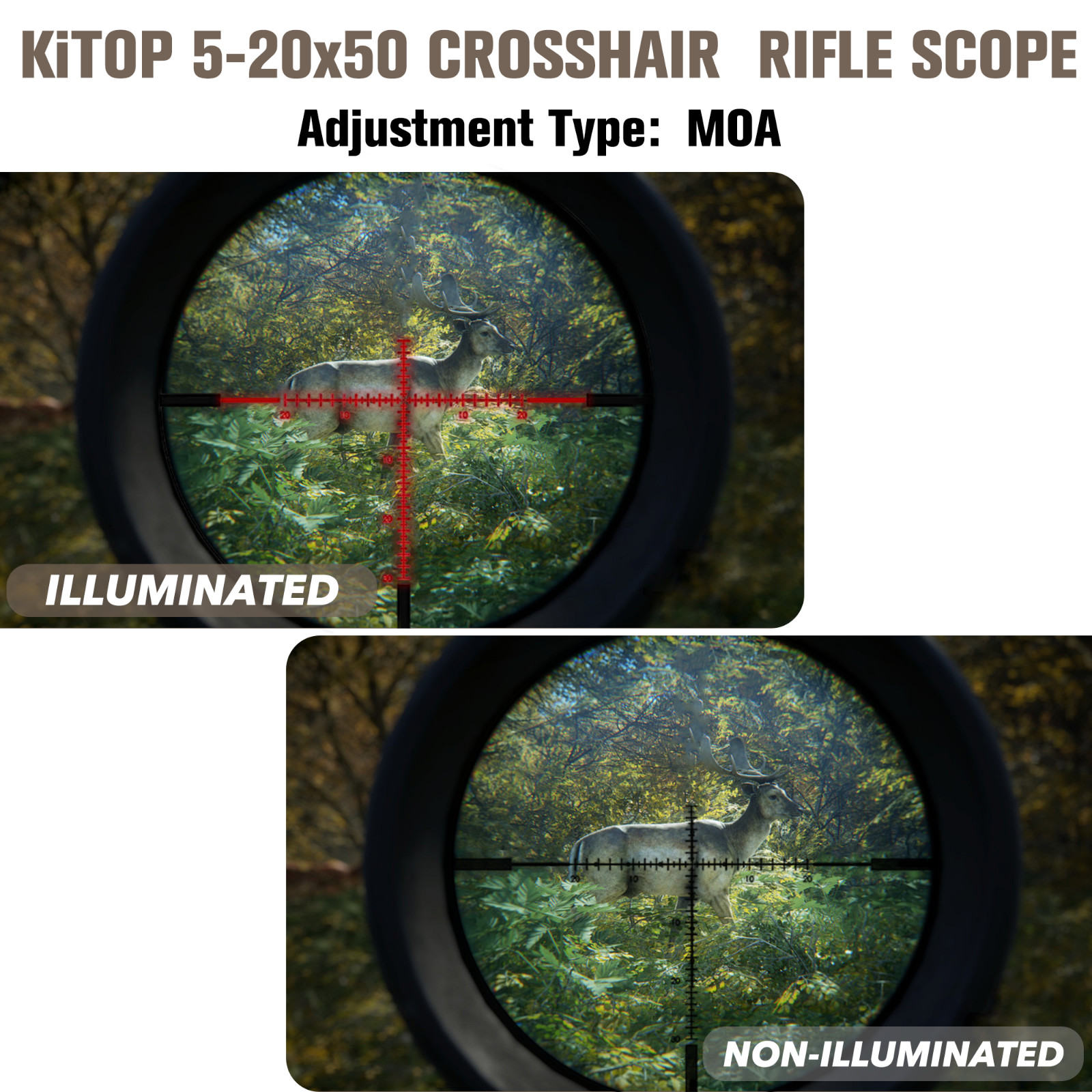 KiTOP Optics 5-20x50mm Rifle Scope FFP w/ Illuminated Crosshair MOA Reticle