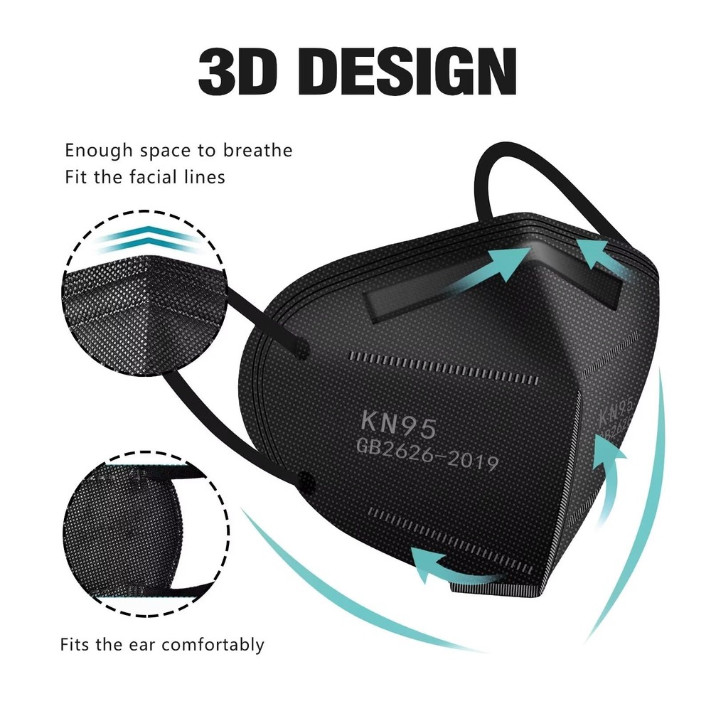 ELEMENT 50pcs KN95 Black Face Mask 5-Layer, ≥95% Filter, Breathable Ear Loops