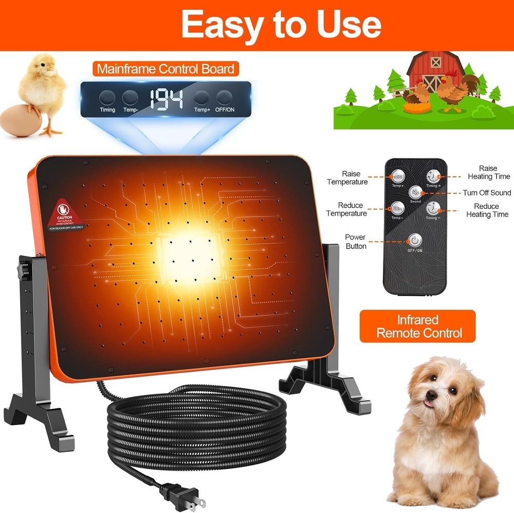 Chicken Coop Heater 200W Brooder Heater Panel Adjustable Temp Remote