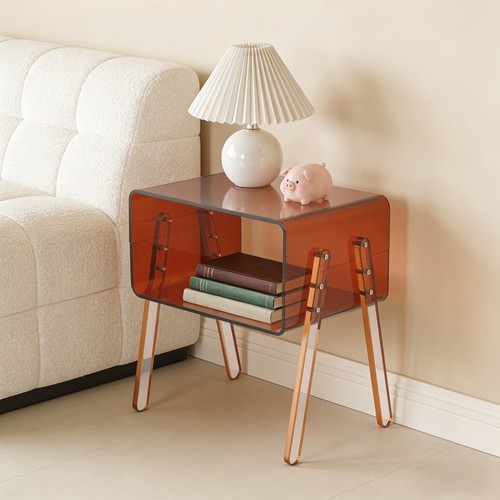Acrylic Side Table Brown Double Shelf Open Storage End Table For Living Room