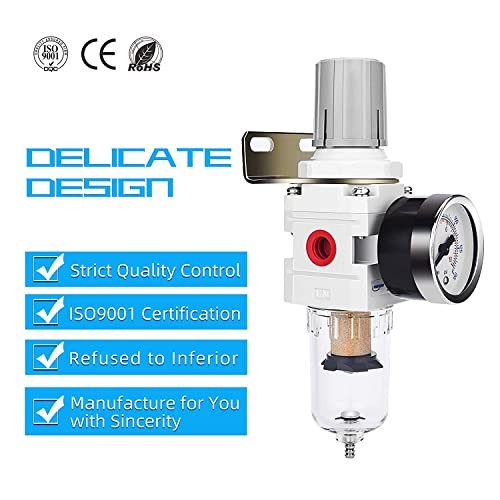 Compressed Air Filter Regulator 1/4" NPT Semi-Auto Drain, Metal Coupler&Plug