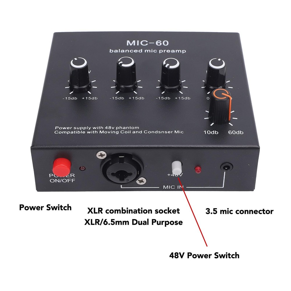 "60dB Microphone Preamp with 48V Power, 3 Inputs, XLR, 3.5mm, 6.35mm Interface"