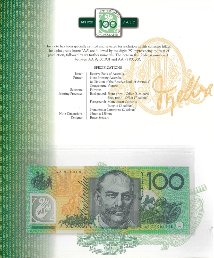 1997 Australia 1st Prefix Folder $100 AA97 001335 Macfarlane Evans Polymer issue