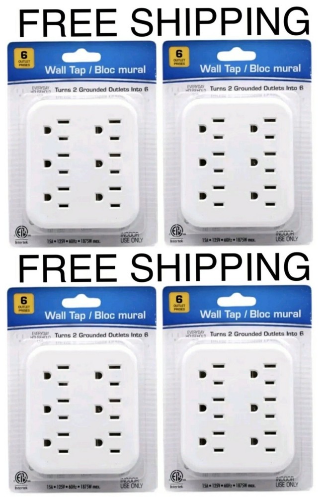 6-PACK White 6 Outlet Wall Outlet Adapters Multi Plug Power Splitters Electrical