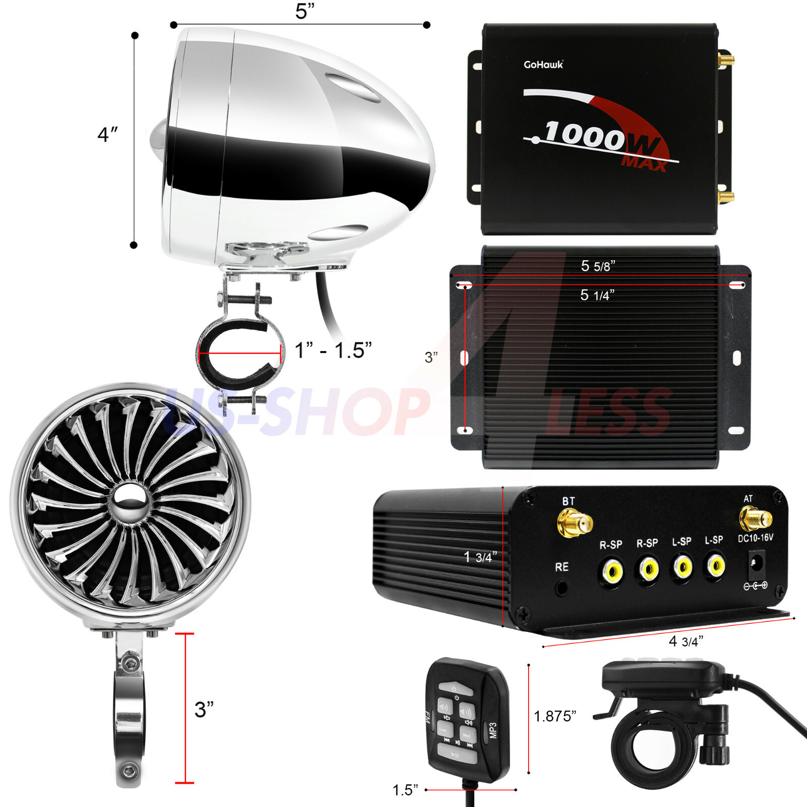 1000W Bluetooth Motorcycle Stereo 4 Speaker Audio MP3 System AUX USB SD FM Radio