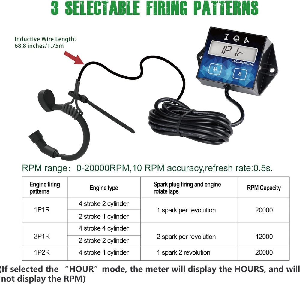 Digital Small Engine Tachometer Hour Meter,Resettable Hours,Replaceable Battery
