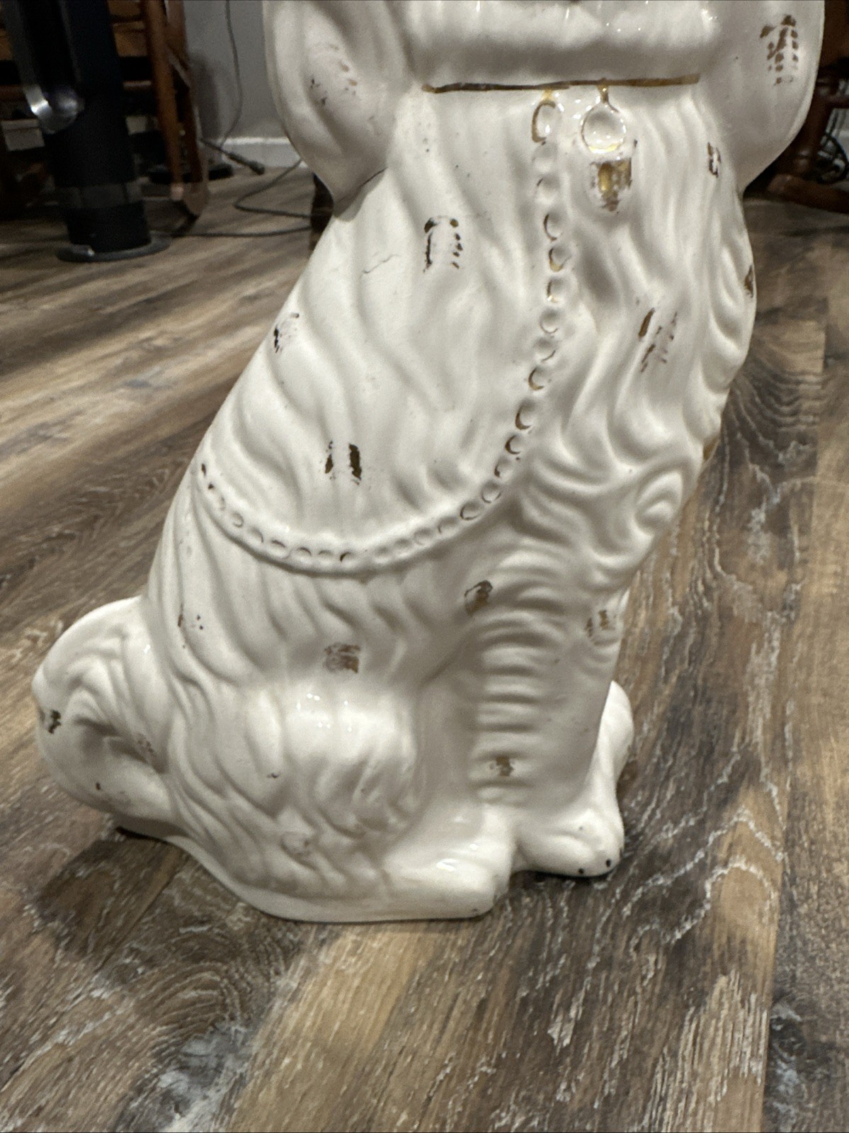 19thC STAFFORDSHIRE WHITE & GILT SEATED SPANIEL DOG Large 15 Inches Tall Rare