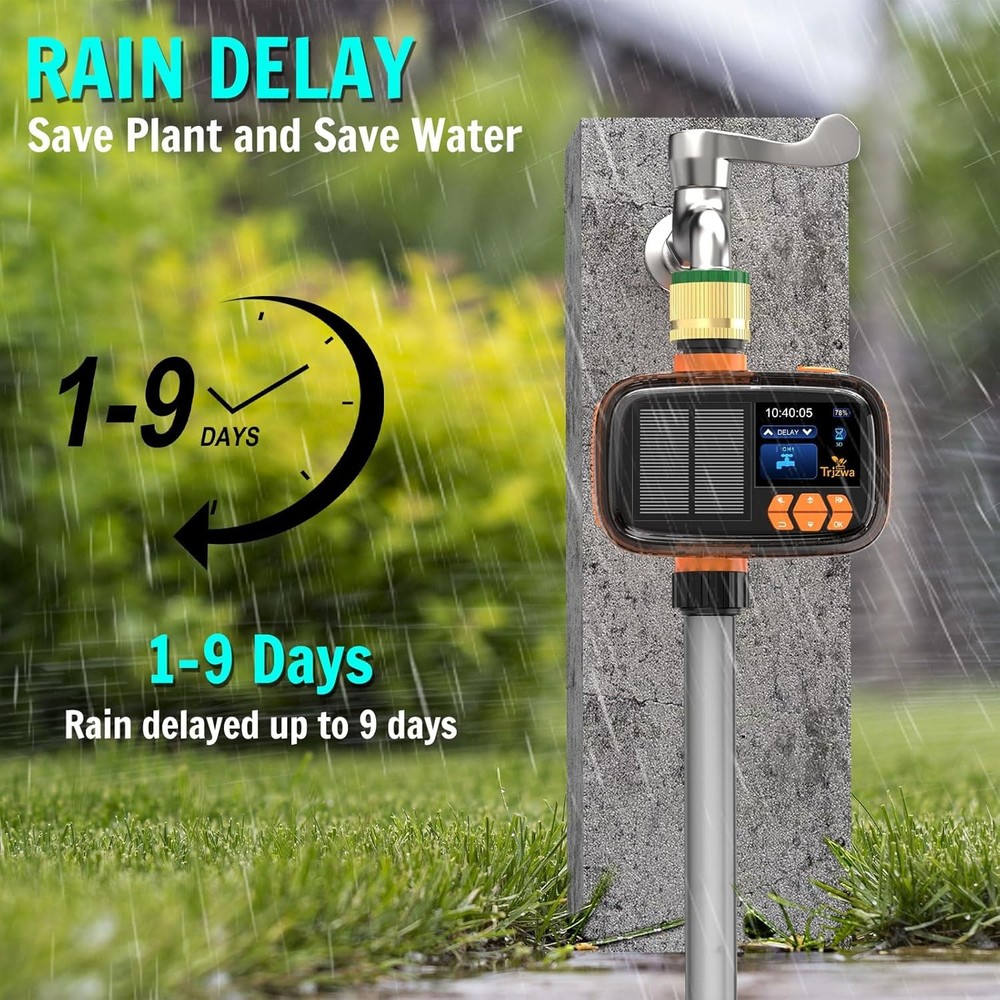 Solar Hose Timer 2000mAh - Smart Watering System w/ Rain Delay & USB-C Charging