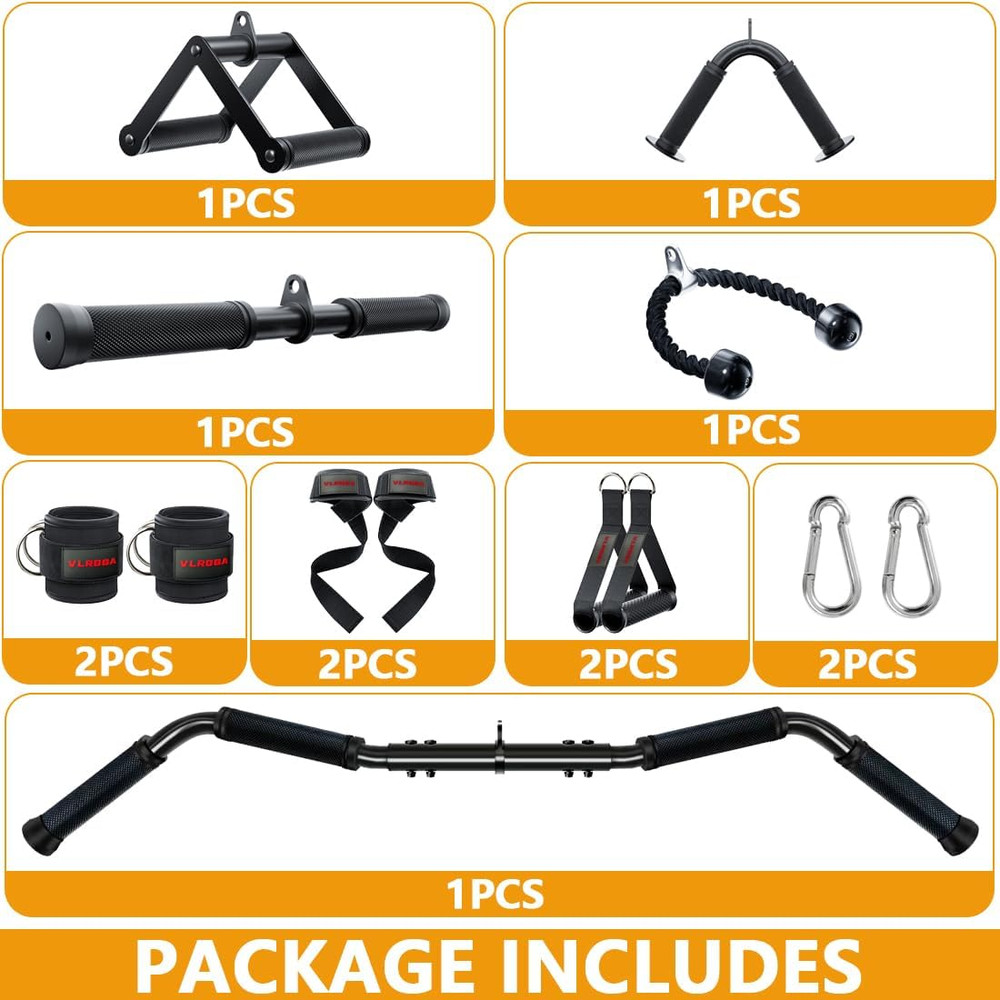 Cable Attachments for Gym – Triceps Rope, Lat Pull Down Bar & Handles Set