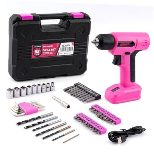 8V Cordless Drill Tool Set 58 PCS, Built-in LED, Variable Speed, Type-C Pink